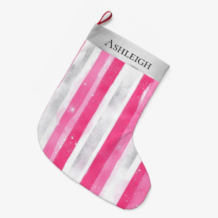 Silver Pretty Chic Pink Glam Christmas Stripes Large Christmas Stocking