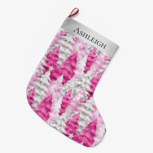 Silver Pretty Chic Pink Glam Christmas Trees Large Christmas Stocking