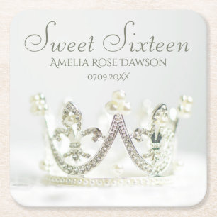 Silver Princess Crown Sweet Sixteen Party Decor Square Paper Coaster