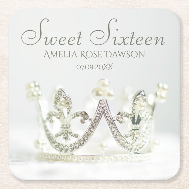 Silver Princess Crown Sweet Sixteen Party Decor Square Paper Coaster (Front)