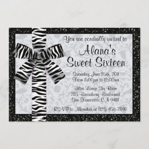 Silver Printed Glitter Invite With Zebra Print Bow