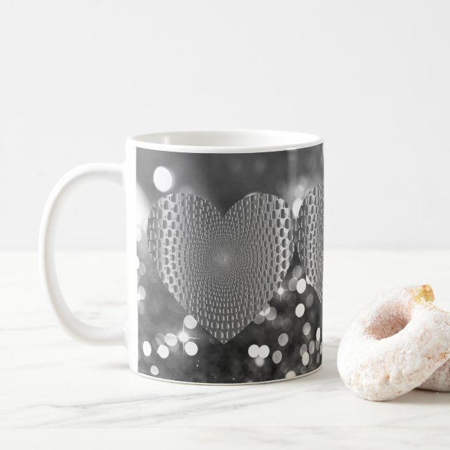 Silver Prismatic Heart Bokeh Faux Glitter Coffee Mug (With Donut)