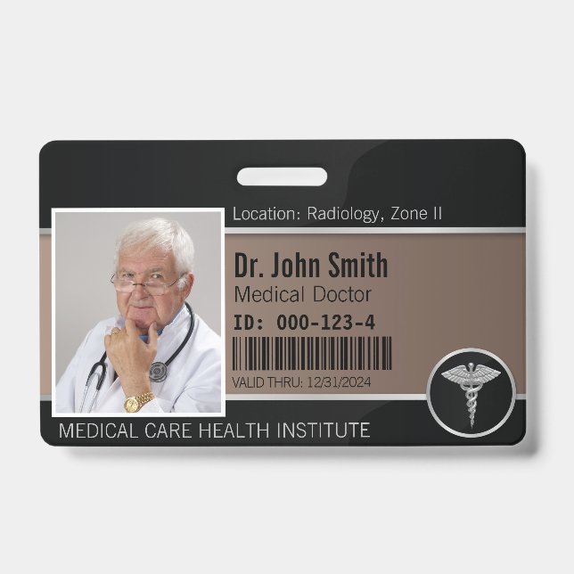 Silver Professional Medical Caduceus Photo ID Badge (Front)