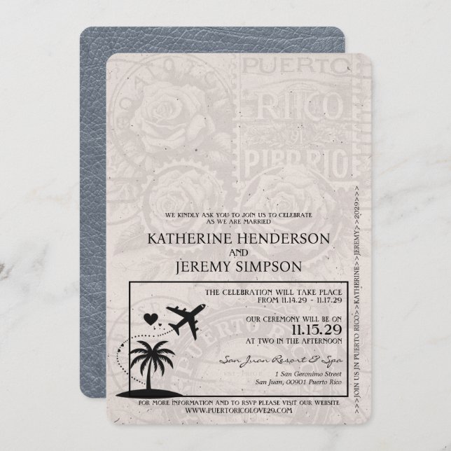 Silver Puerto Rico Passport Wedding Invitation (Front/Back)