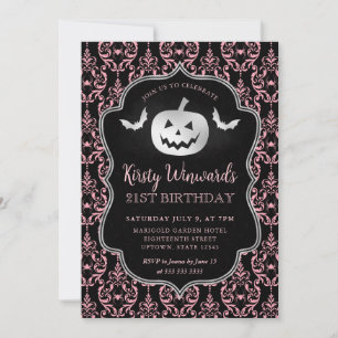Silver Pumpkin and Pink Damask 21st Birthday Invitation