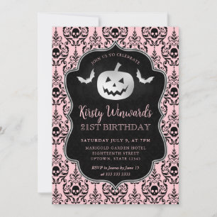 Silver Pumpkin and Pink Damask 21st Birthday Invitation