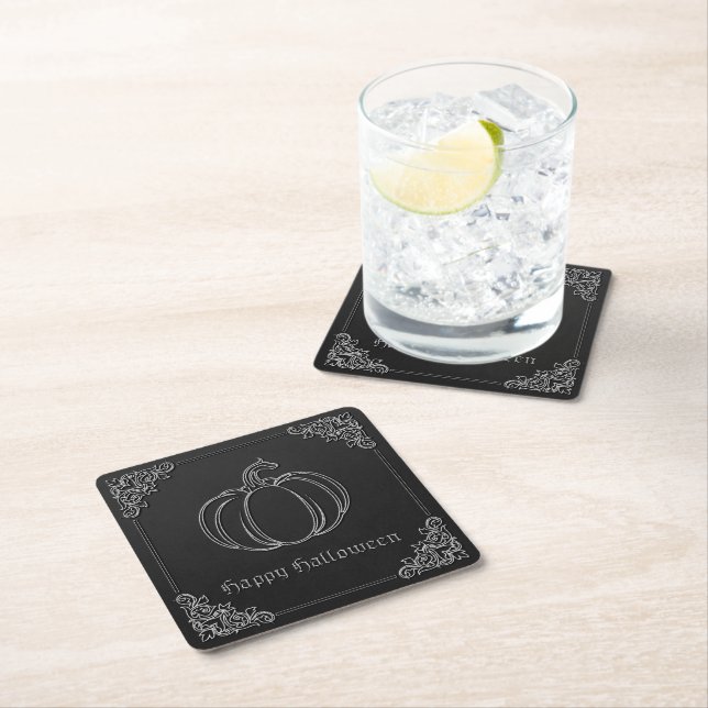 Silver Pumpkin Halloween Square Paper Coaster (Insitu)
