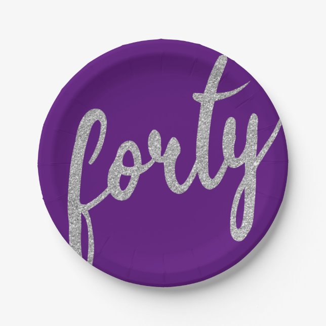 Silver Purple 40 Birthday Party Glitter "Forty" Paper Plate (Front)