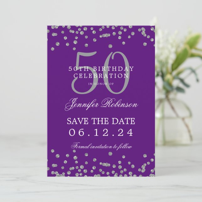 Silver Purple 50th Birthday Save Date & Details Invitation (Standing Front)
