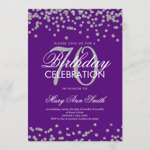 Silver Purple 70th Birthday Party Glitter Confetti Invitation