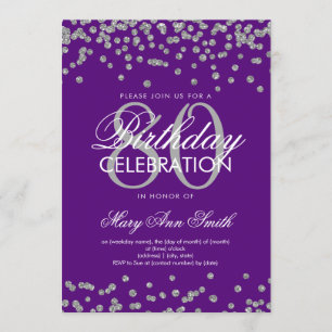 Silver Purple 80th Birthday Party Glitter Confetti Invitation