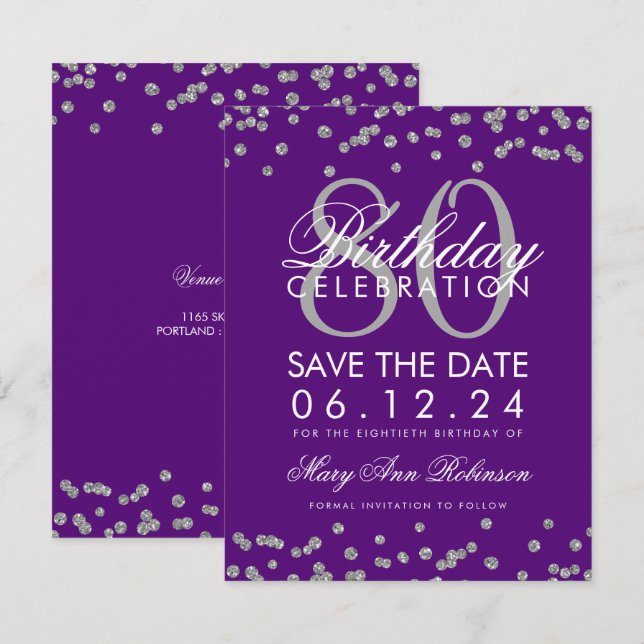 Silver Purple 80th Birthday Save Date Confetti Invitation (Front/Back)