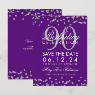 Silver Purple 90th Birthday Save Date Confetti Invitation