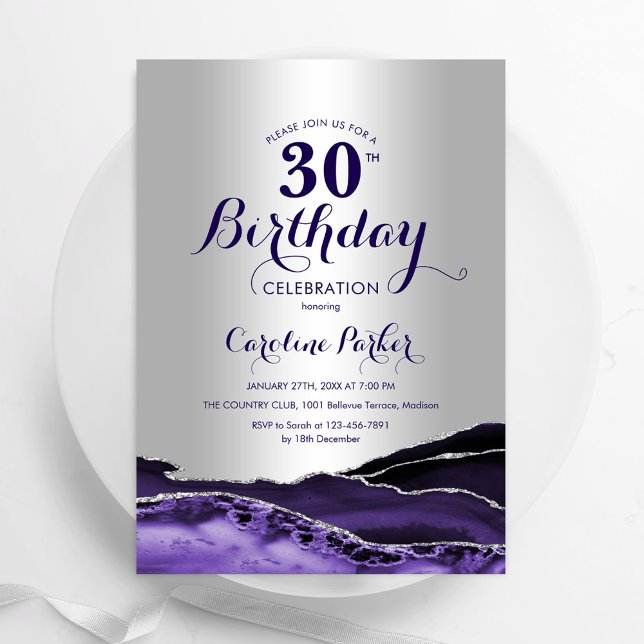 Silver Purple Agate 30th Birthday Invitation (Creator Uploaded)