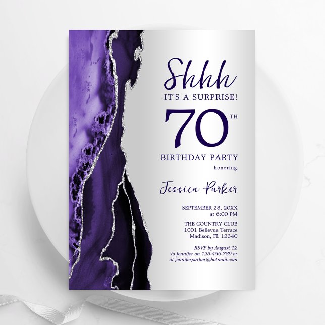 Silver Purple Agate Surprise 70th Birthday Invitation (Creator Uploaded)