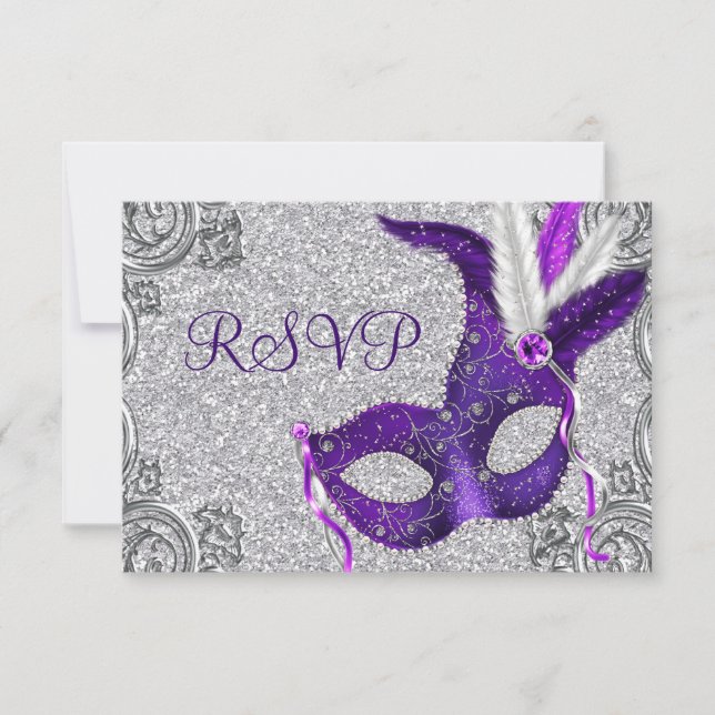 Silver Purple and Pink Masquerade Party RSVP (Front)