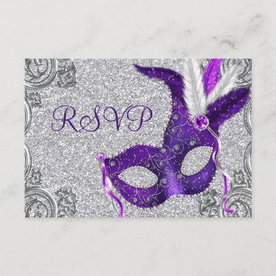 Silver Purple and Pink Masquerade Party RSVP Card