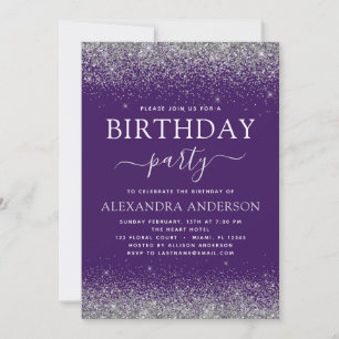 Silver Purple Any Age Birthday Modern Glitter Invitation