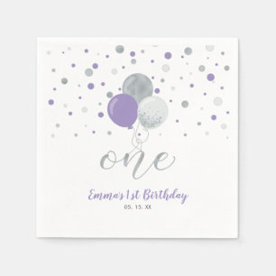 Silver & Purple Balloon Confetti Girl 1st Birthday Napkin