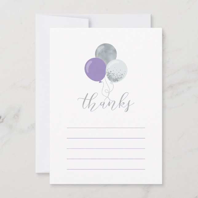 Silver & Purple Balloon Party Thank You Note Card (Front)