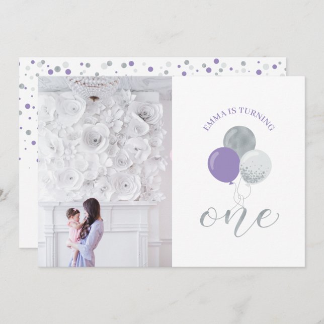 Silver & Purple Balloons | Girl 1st Birthday Party Invitation (Front/Back)