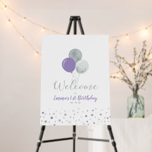 Silver & Purple Balloons Girl 1st Birthday Welcome
