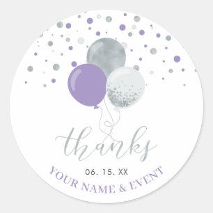 Silver & Purple Balloons Party Favour Thank you Classic Round Sticker