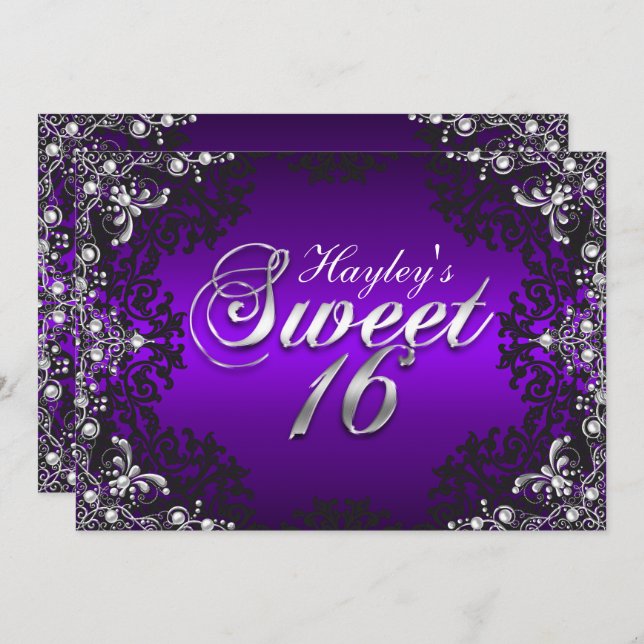 Silver Purple Black Pearl Damask Sweet 16 Invite (Front/Back)