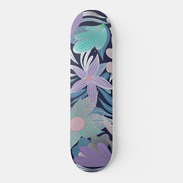 Silver Purple Blue Floral Leaves Illustrations Skateboard (Front)