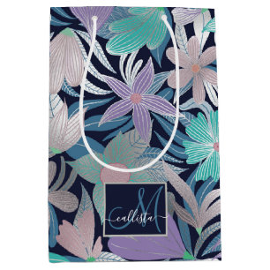 Silver Purple Blue Floral Leaves Monogram Medium Gift Bag