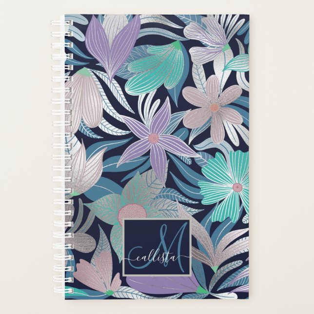 Silver Purple Blue Floral Leaves Monogram Planner (Front)