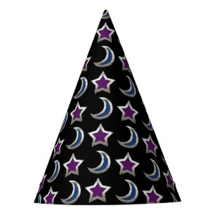 Silver Purple Blue Stars and Moons Pattern Black Party Hat