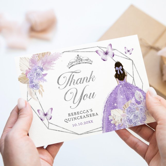 Silver Purple Boho Butterfly Quinceañera Thank You Card (Creator Uploaded)