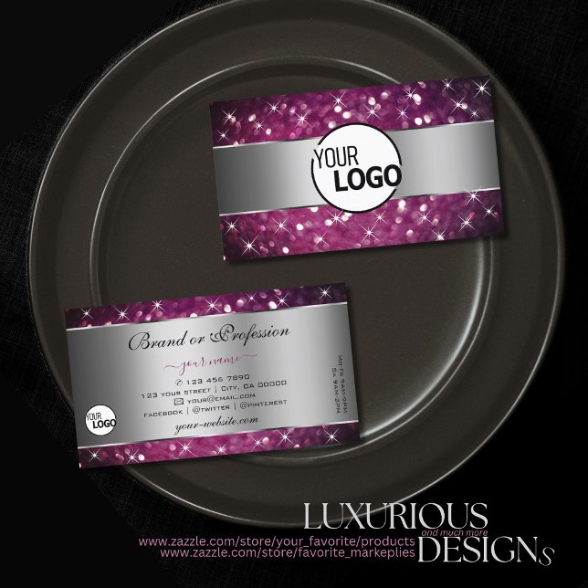 Silver Purple Burgundy Glitter Stars and Logo Chic Business Card (Creator Uploaded)