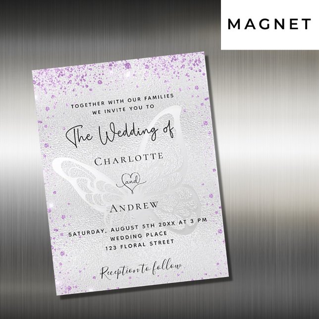 Silver purple butterfly luxury wedding magnetic invitation (Creator Uploaded)