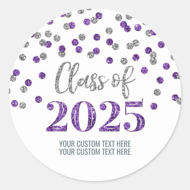 Silver Purple Confetti Graduation 2025 Classic Round Sticker (Front)