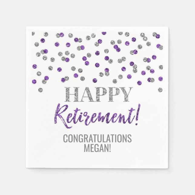Silver Purple Confetti Happy Retirement Napkin (Front)