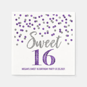 Silver Purple Confetti Sweet 16 Birthday Napkin