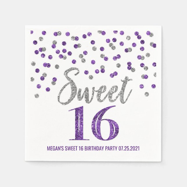 Silver Purple Confetti Sweet 16 Birthday Napkin (Front)