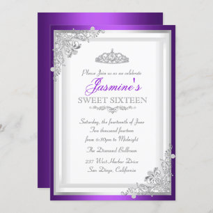 Silver Purple Damask & Tiara Sweet 16 Invitation