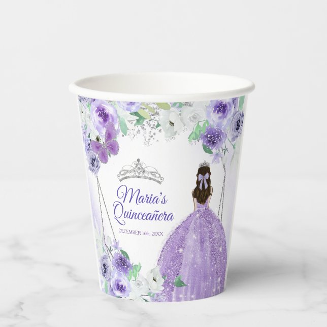 Silver & Purple Dresses Quinceañera Crown Birthday Paper Cups (Front)