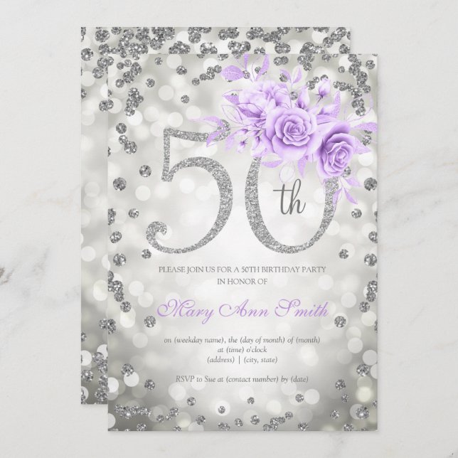Silver Purple Floral 50th Birthday Glam Lights  Invitation (Front/Back)