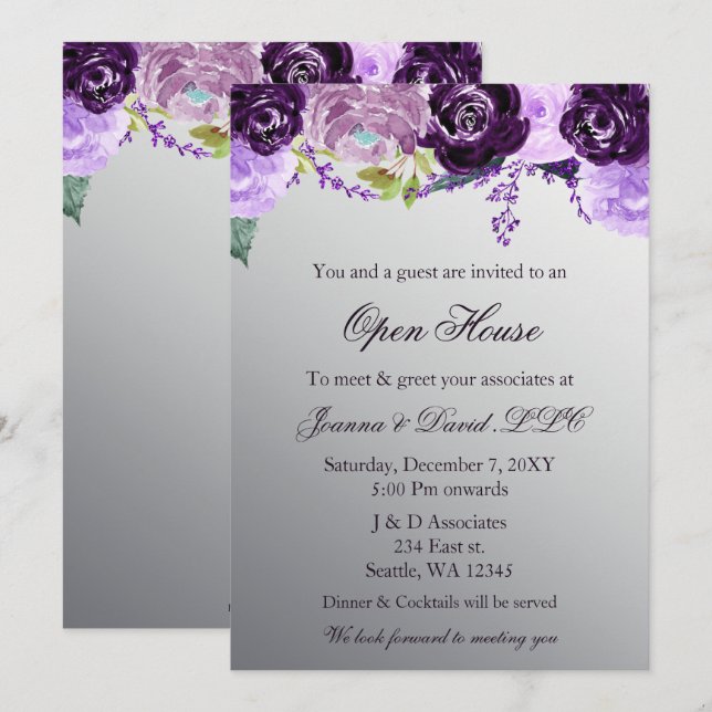 Silver Purple Floral Business Corporate Party Invitation (Front/Back)
