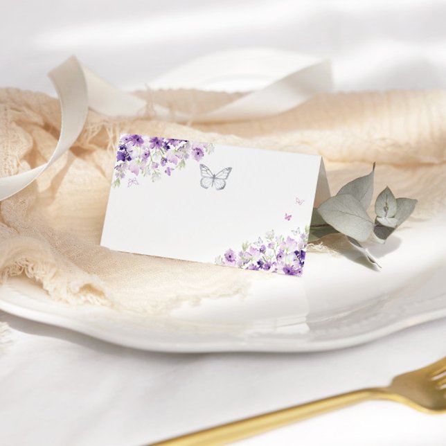 Silver purple floral butterfly place card (Creator Uploaded)