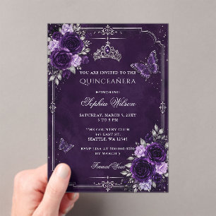 Silver Purple Floral Butterfly Quinceañera Acrylic Invitations