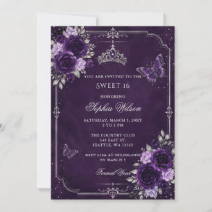 Silver Purple Floral Butterfly Sweet 16 Invitation