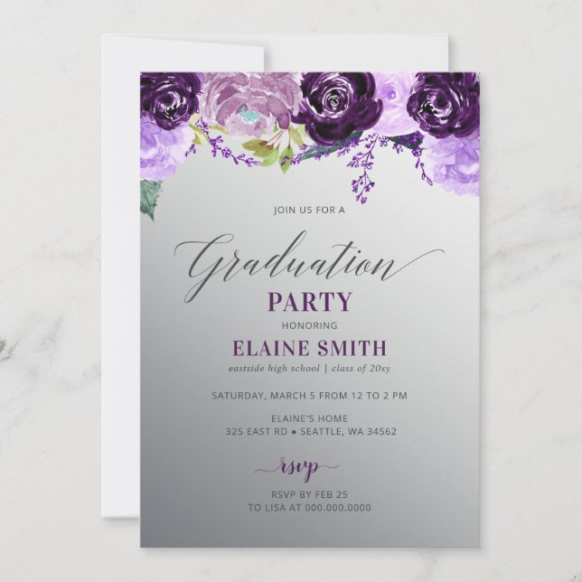 Silver Purple Floral Photo Graduation Party Invitation (Front)