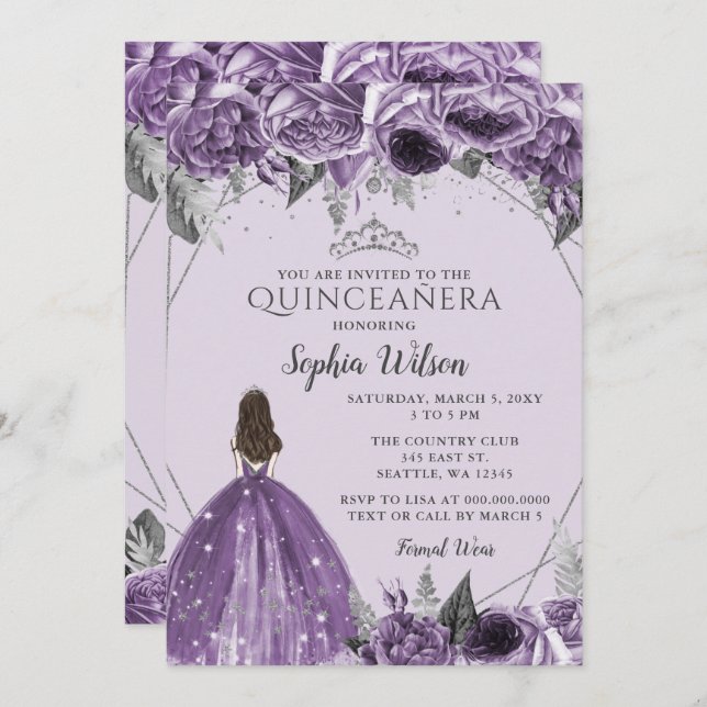 Silver Purple Floral Princess Quinceañera Invitation (Front/Back)