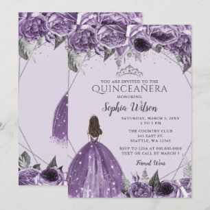 Silver Purple Floral Princess Quinceañera Invitation