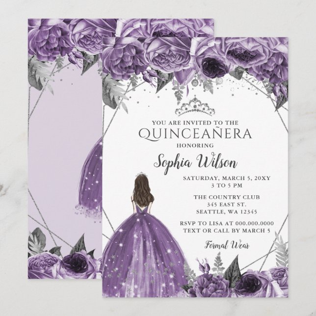 Silver Purple Floral Princess Quinceañera Invitation (Front/Back)